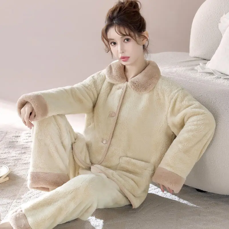 

Coral Fleece Women's Pajama Set Winter Wearable As Outerwear Pj Thicken Keep Warm Nightwear Solid Color Homewear Soft Sleepwear