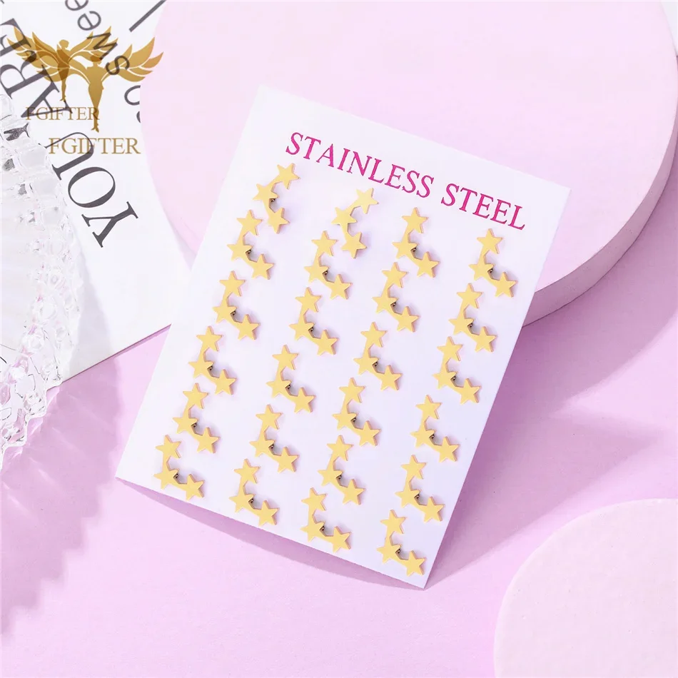 الأقراط الهندسية الكلاسيكية 3 نجوم الأذن ترصيع امرأة الذهبي مجوهرات من صلب لا يصدأ إكسسوارات فتيات بالجملة 12 زوجًا مجموعة حزمة #2