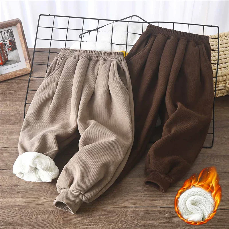 

Kids Fleece-lined Pants Winter Boys Girls Thick Warm Trousers Children Solid Sweatpants New Kids Sports Casual Pants