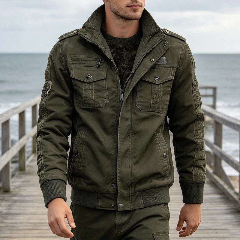 Streetwear Vintage Solid Color Jacket Mens Daily Outdoor Winter Thickened Multi Pocket Cargo Coats Male Stand Collar Outerwear