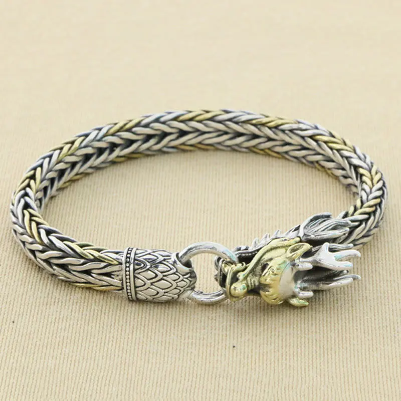 

S925 Sterling silver hand woven dragon head bracelet Men's domineering China-Chic retro gold and silver color matching national