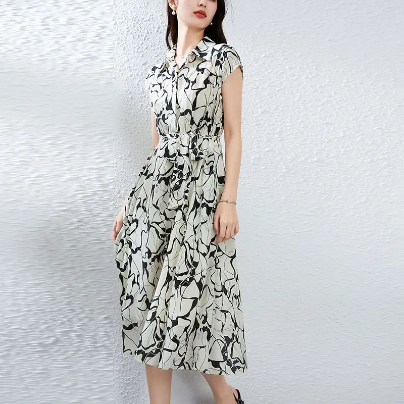 Silk Young Women's Dr Summer Faion Loose Breathable High-end  Silk Floral Midi irt Dr A-Line Skirt ort Sl...