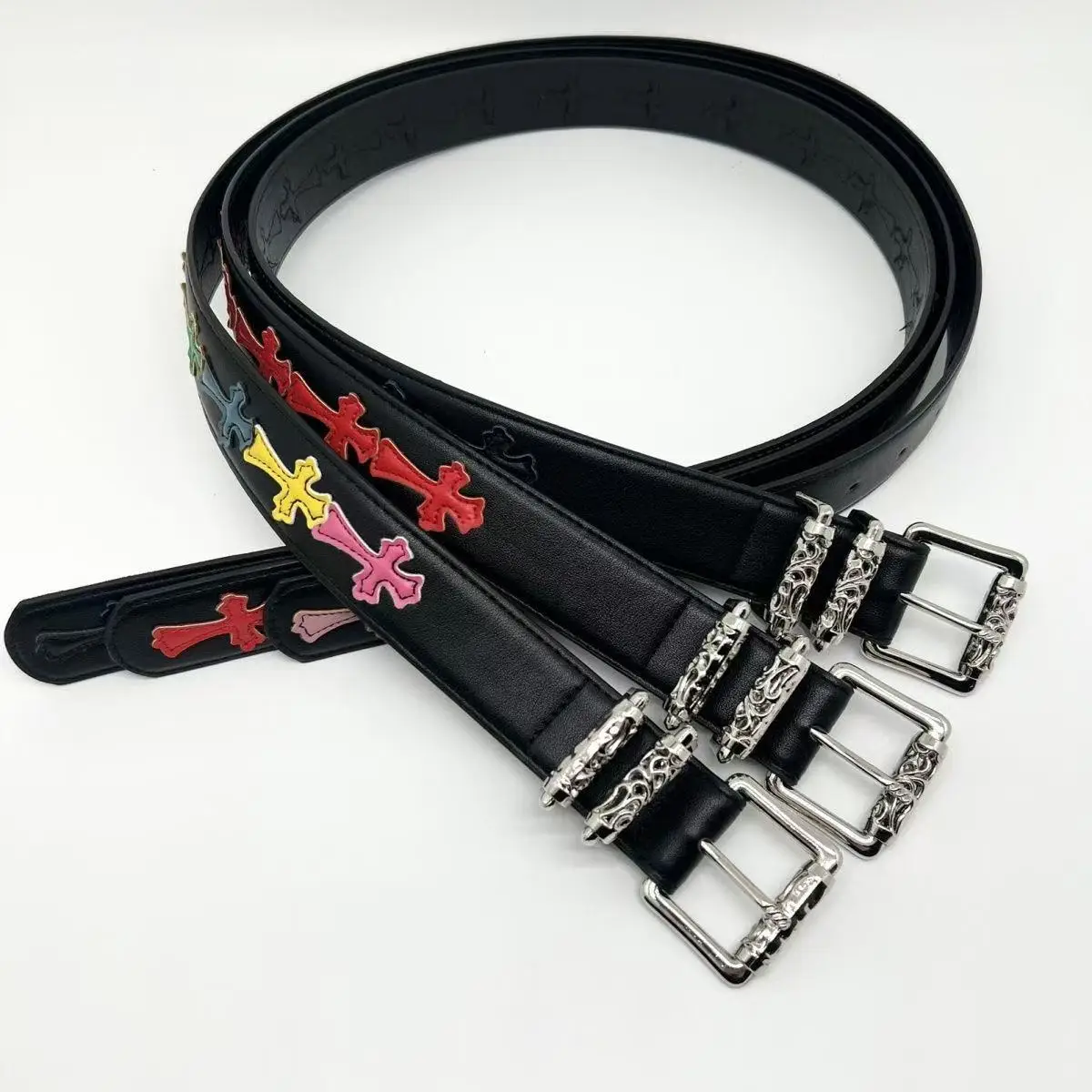 Cro CH Needle Buckle Belt for Men and Women with Hollow Red Patchwork Cross Vine Belt Star Style Retro Classic