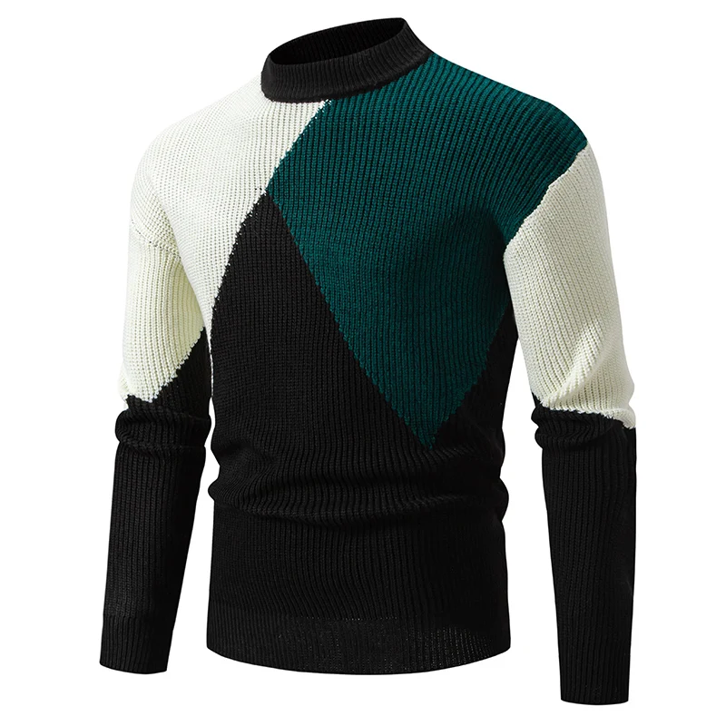 

New Autumn Winter Mock Neck Knit Pullovers Men Patchwork Casual Warm Sweater Fashion Slim Fit Mens Knitted Pullover Sweaters