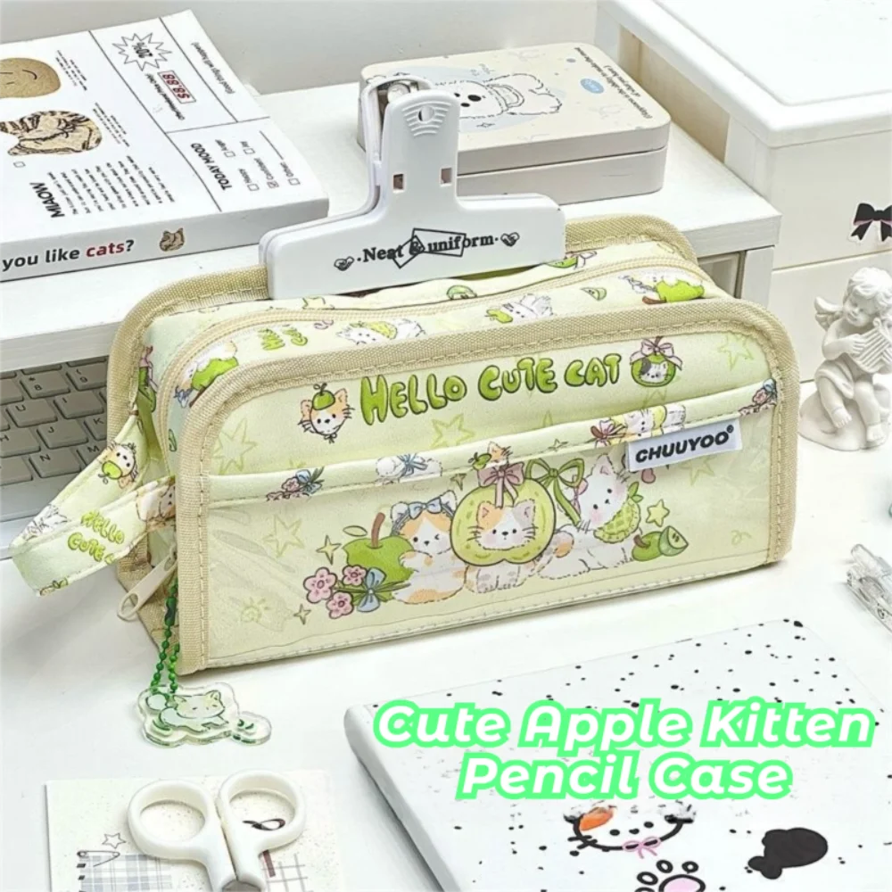 Cartoon Cute Kitten Pencil Case Multilayer PVC Dirty-proof Stationery Bag Large Capacity Stationery Storage Bags Student
