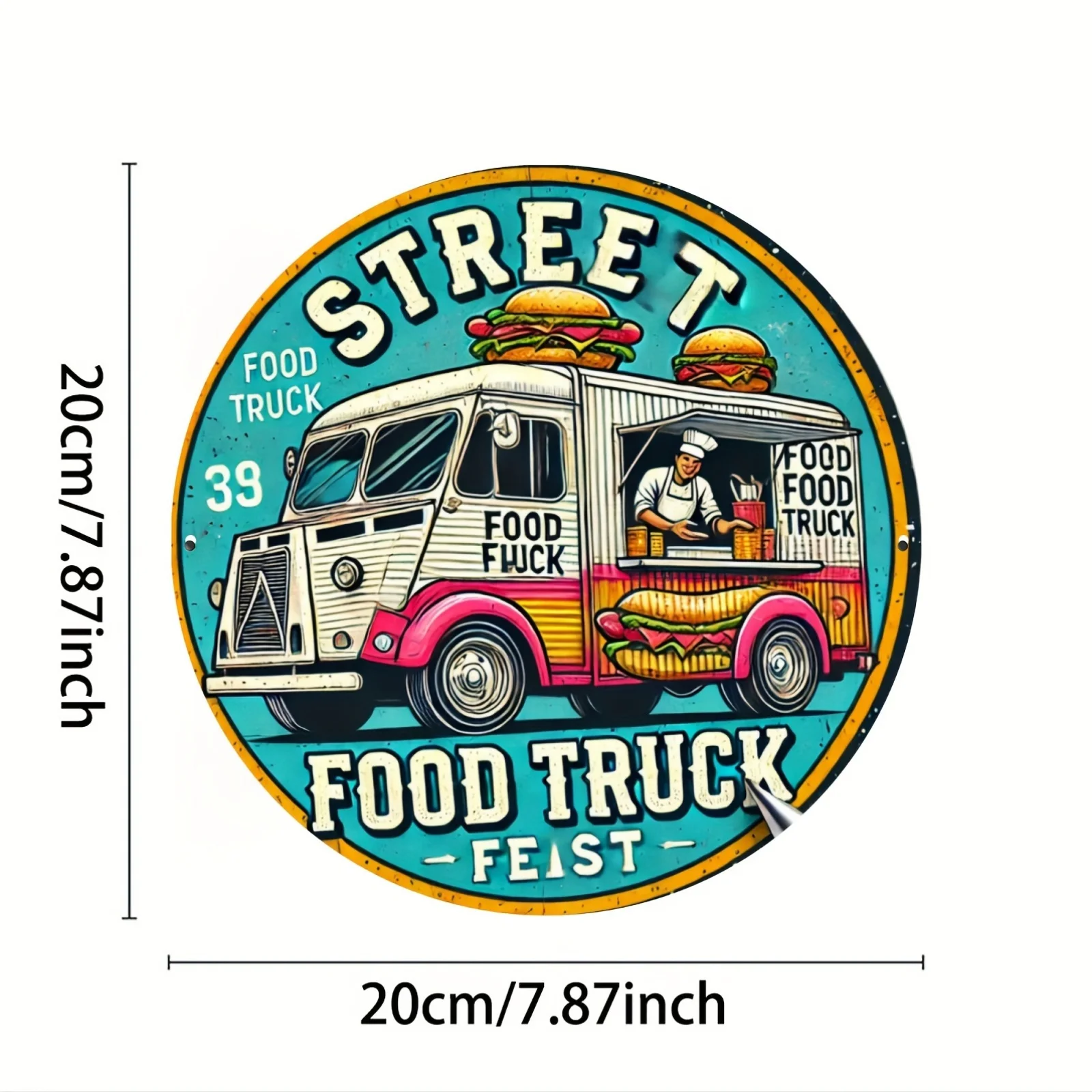 1pc Vintage Street Food Truck Feast Metal Aluminum Sign, 8x8 Inches, Retro Illustration for Home Kitchen Restaurant Bedroom Gard