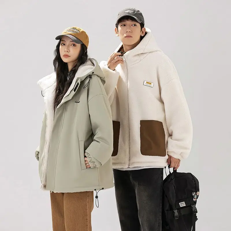 

Thiened Cotton Jaet Women's Winter Lamb Velvet Double-sided Wear Design Sense Hong Kong Sle Retro Loose Match Couples C...