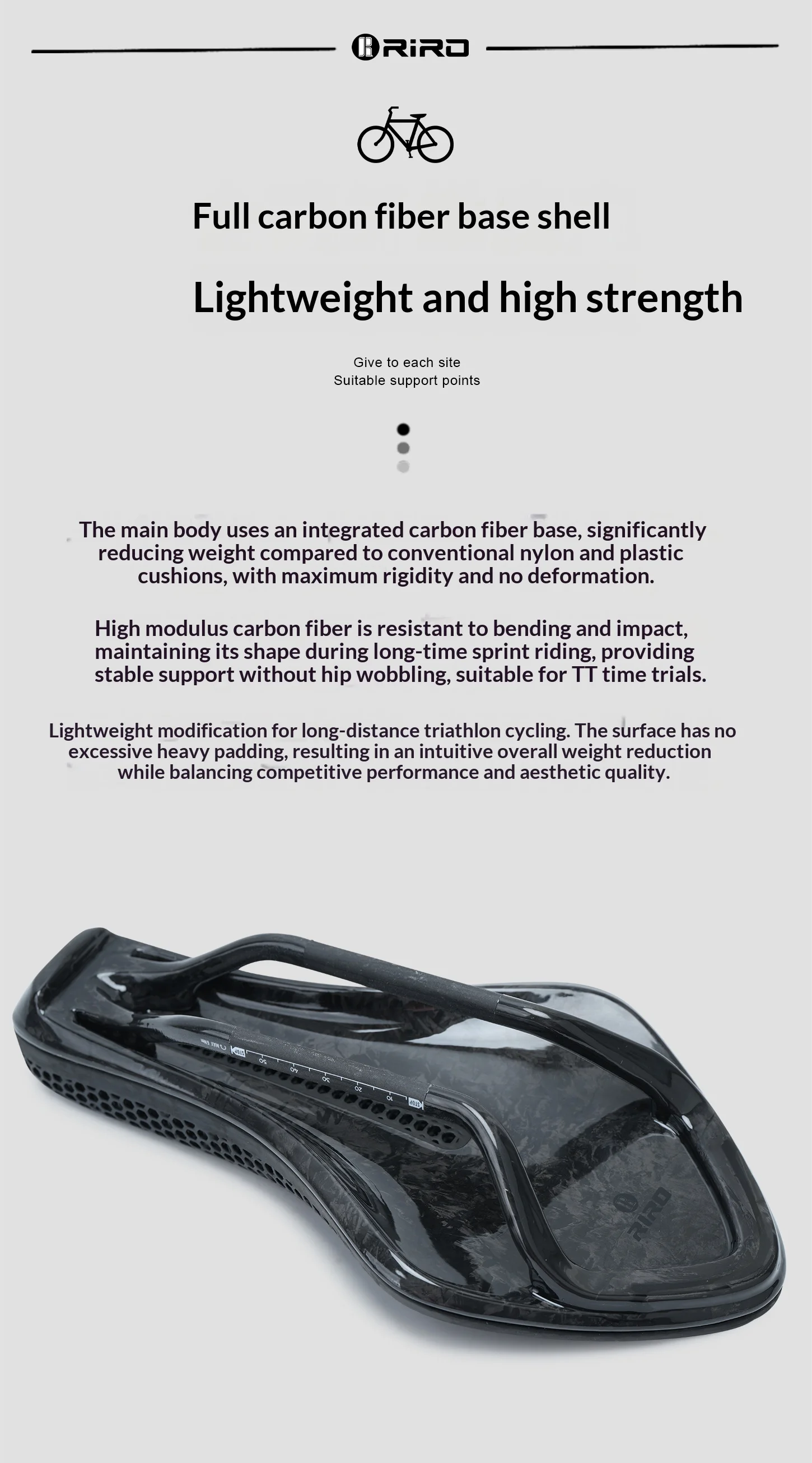 RIRO Carbonfaser 3D-gedruckter Fahrradsattel, hohl, TT Triathlon Fahrradsitz, ultraleicht, Carbon-Schienen, ergonomisch, atmungsaktiv, Rennradteile – Detail 8