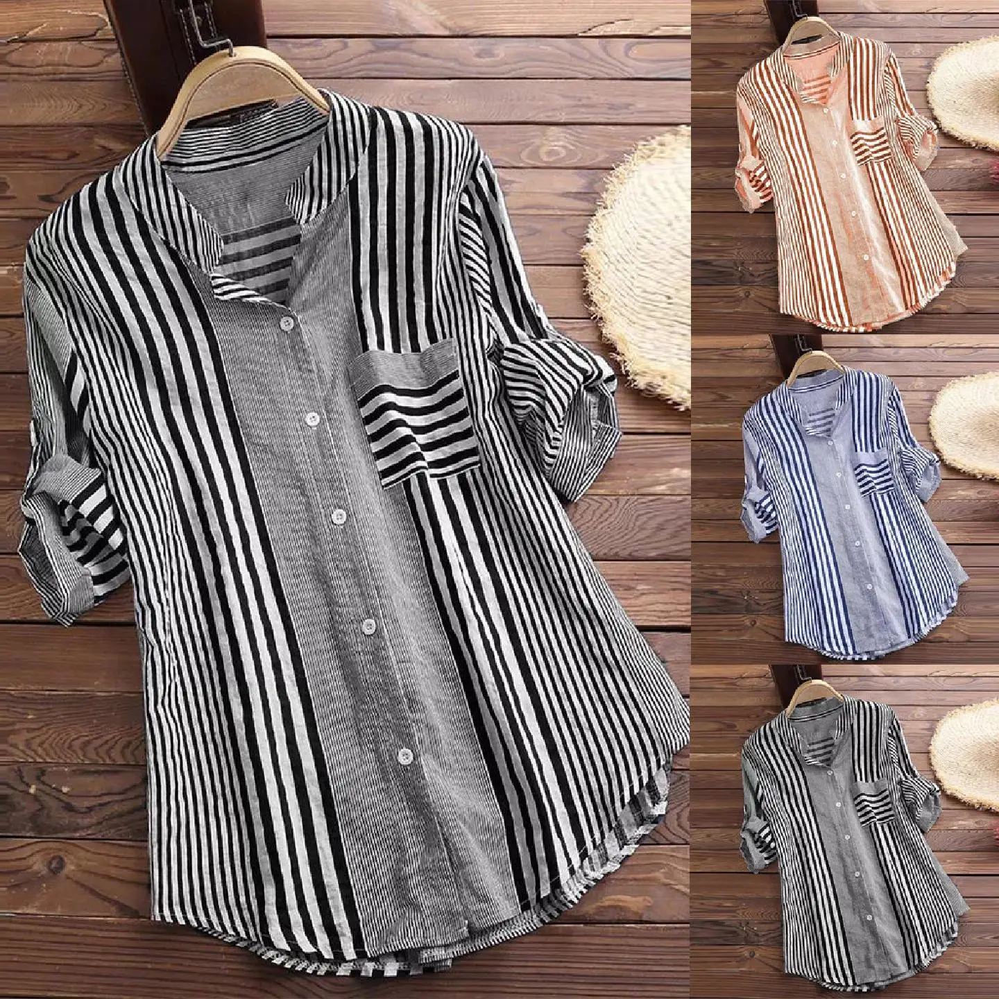 

Women's Striped Loose Large Shirt Long Sleeve V-neck Button up Street Style Casual Fashion plus Size Polyester Summer Shirt