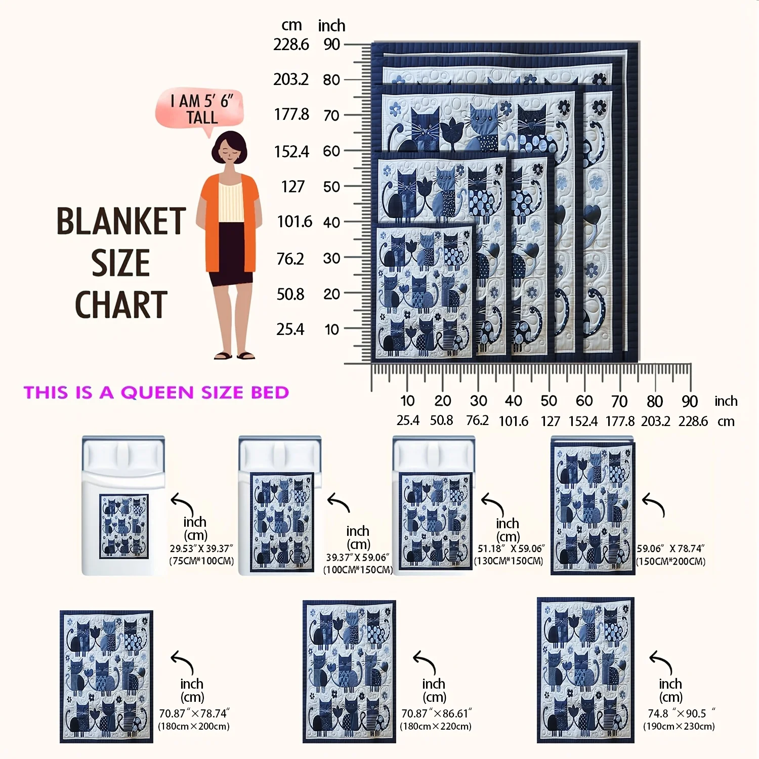 1pc Flannel Blanket with Black Cat and White Paws, Blue Kitten Tabby Pattern - All-Season Soft Bedspread, Navy/Beige Cat Themed