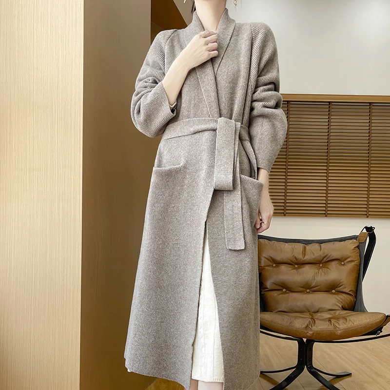 

2024 Autumn/Winter New Women's Long Coat 100% Merino Wool Fashion Knitted Lapel Long Cardigan Noble Women's Belt Coat