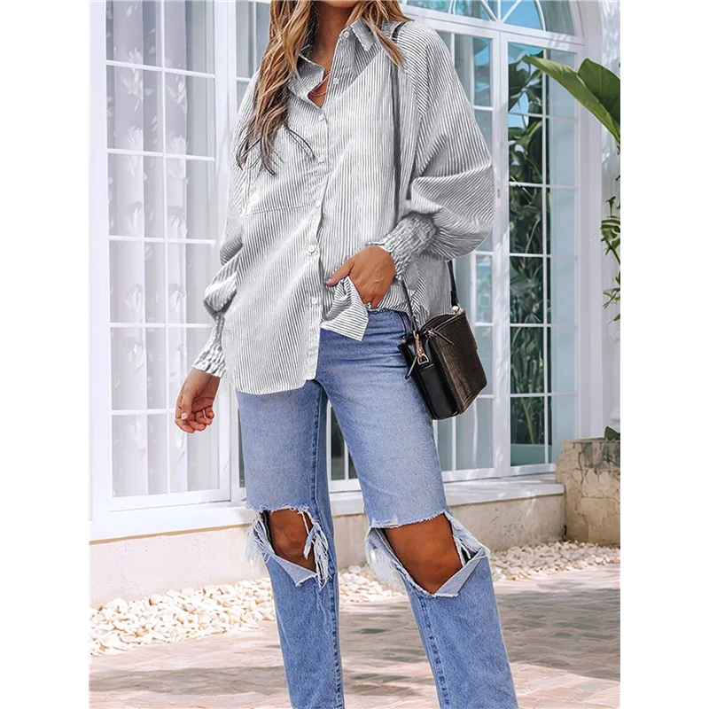 

Hot Kf-Women's Striped Button Down Shirt Smocked Cuffed Boyfriend Blouse Ruffle Sleeve Casual Tunic Tops With Pockets