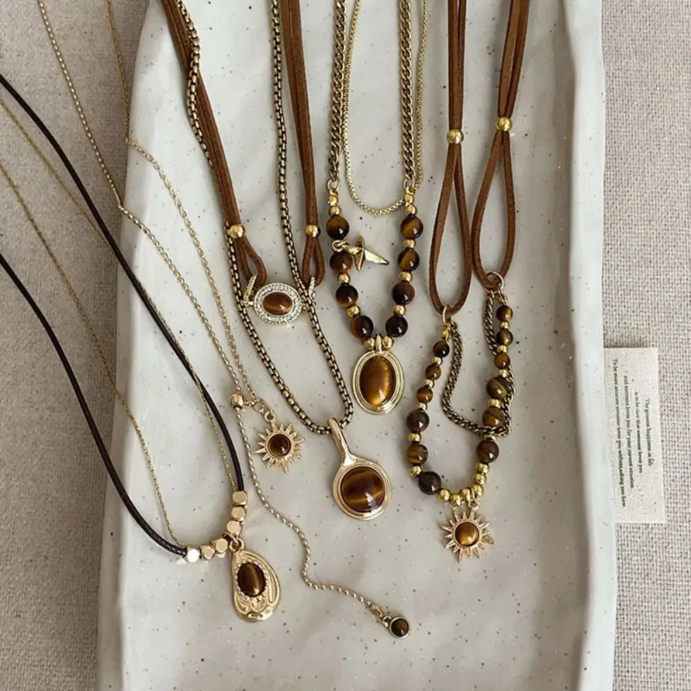 New Brown Stone Pendant Necklace Gothic Stacking Clavicle Chain Beads Double-Layer Sweater Chain Jewelry