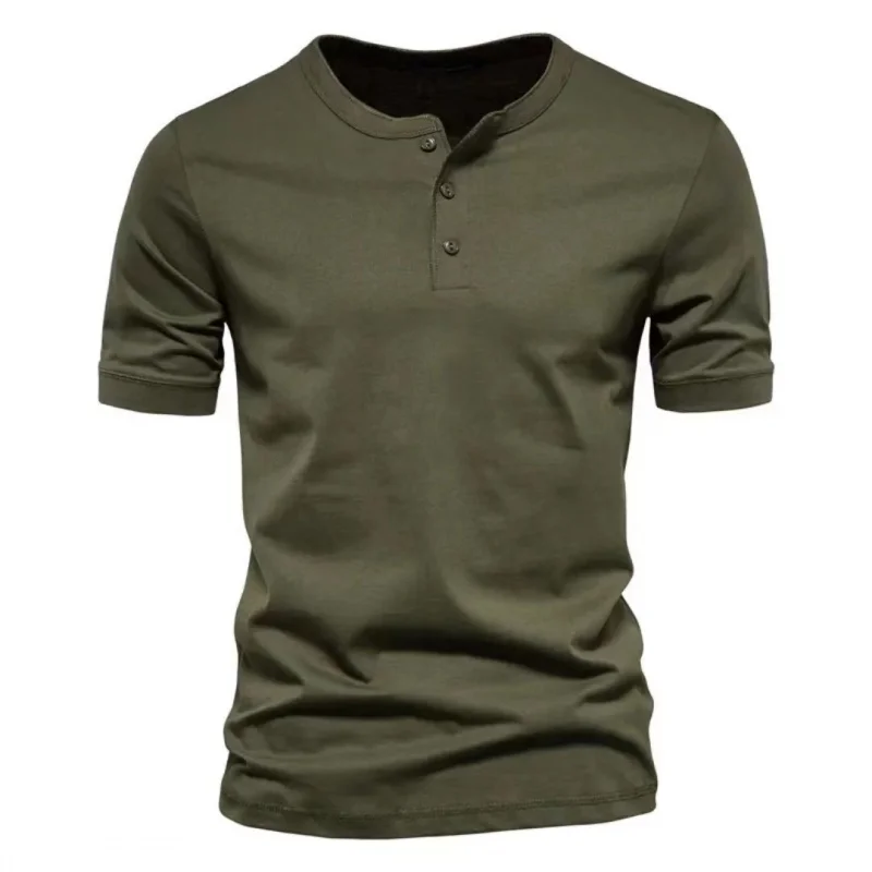 GZMS-MaletAmerican Henry Buckle Short SleeveTT Shirt for Men, Slim-Fit, Solid Color, Sports Tough Guy Base