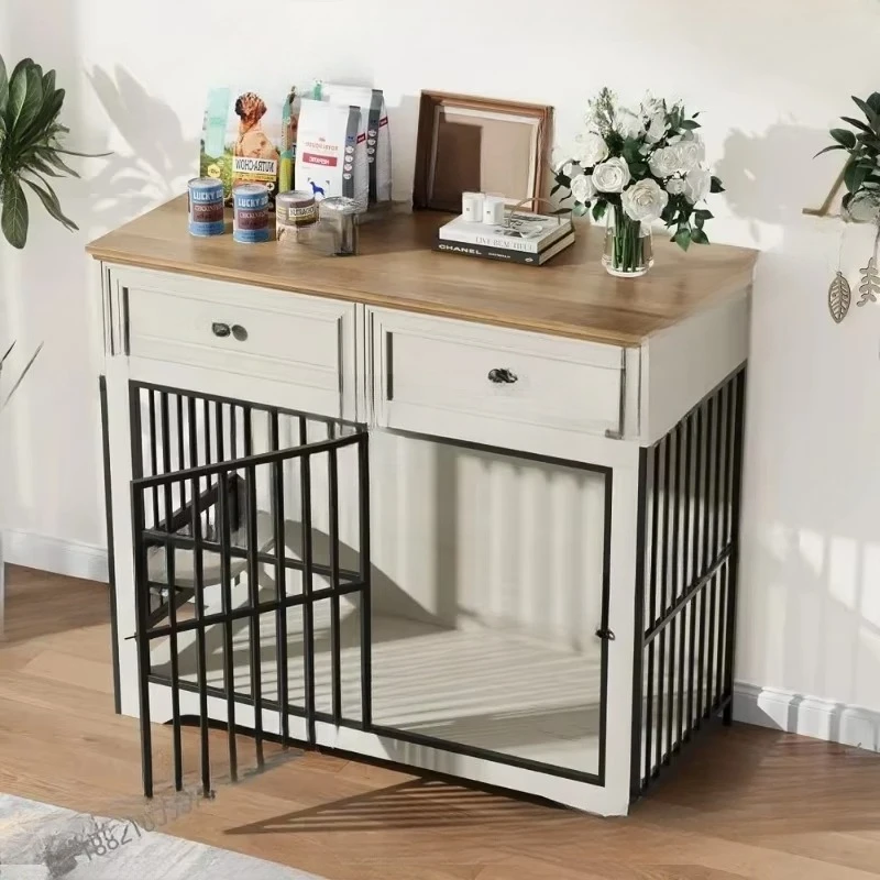 Modern Dog Crate Furniture, Wooden Dog Kennel for Medium to Large with 360° Rotating & 3-Levels Adjustable Height