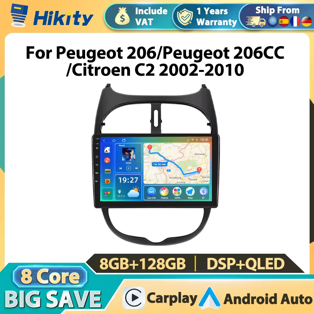 Autoradio Hikity 2DIN 8 cœurs pour Peugeot 206/Peugeot 206CC/Citroën C2 2002-2010 Carplay Voiture Multimédia Intelligente Android Auto