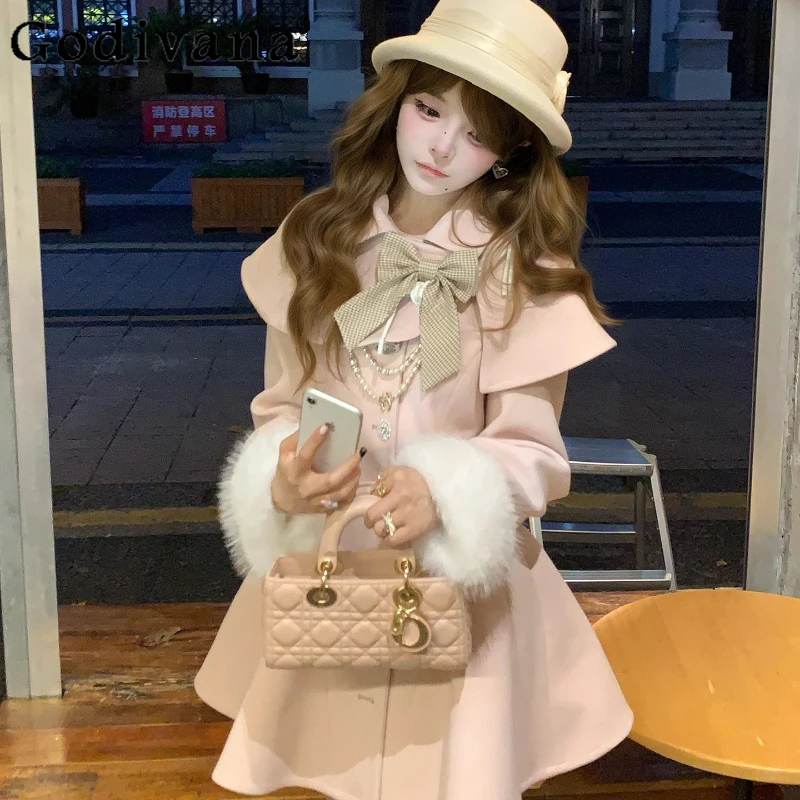 

Gentle Pink Cape Woolen Dress for Women Autumn Winter Japanese Style Sweet Thick Dress Female Lolita Bow Princess Dress
