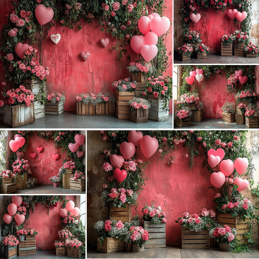 Valentine's Day Photography Background Heart Shaped Balloon Floral Arch Decora Backdrop Couple Baby Shower Portrait Studio Props