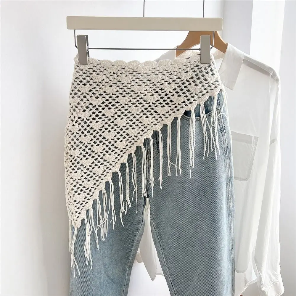 

Bohemian Tassel Knitted Triangle Scarf Countryside Style Exotic Crochet Flower Scarves Wraps White Hollow Out Lace Shawl Women