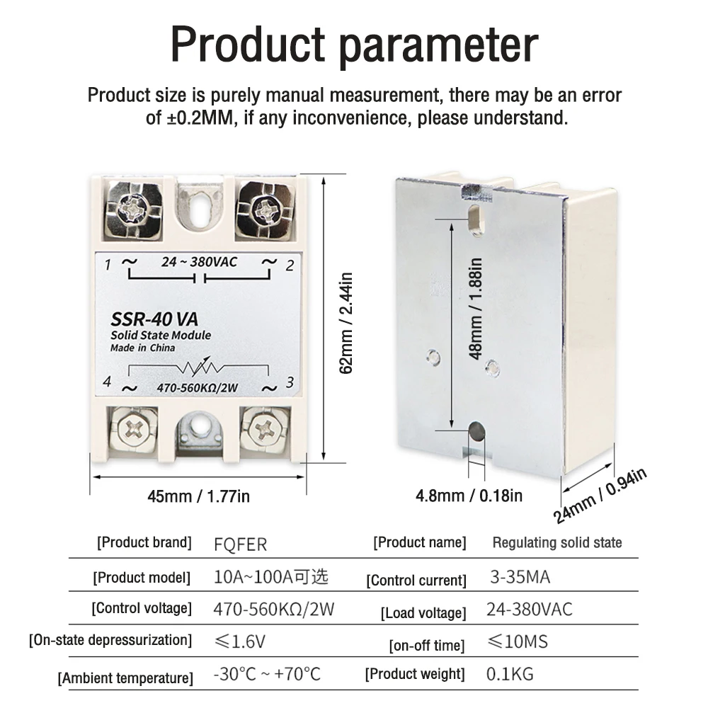 SSR-10VA10A 25VA 40VA60VA 80VA 100VA SSR Voltage Adjustable Single Phase Solid State Relay