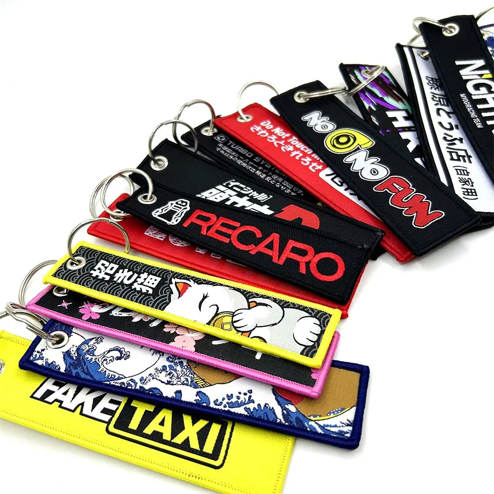 JDM Keychain Car Culture Style Fashion Moto Keychain Embroidered Cloth Key Tags Auto Holder Charm Key Ring Fake Taxi No Good