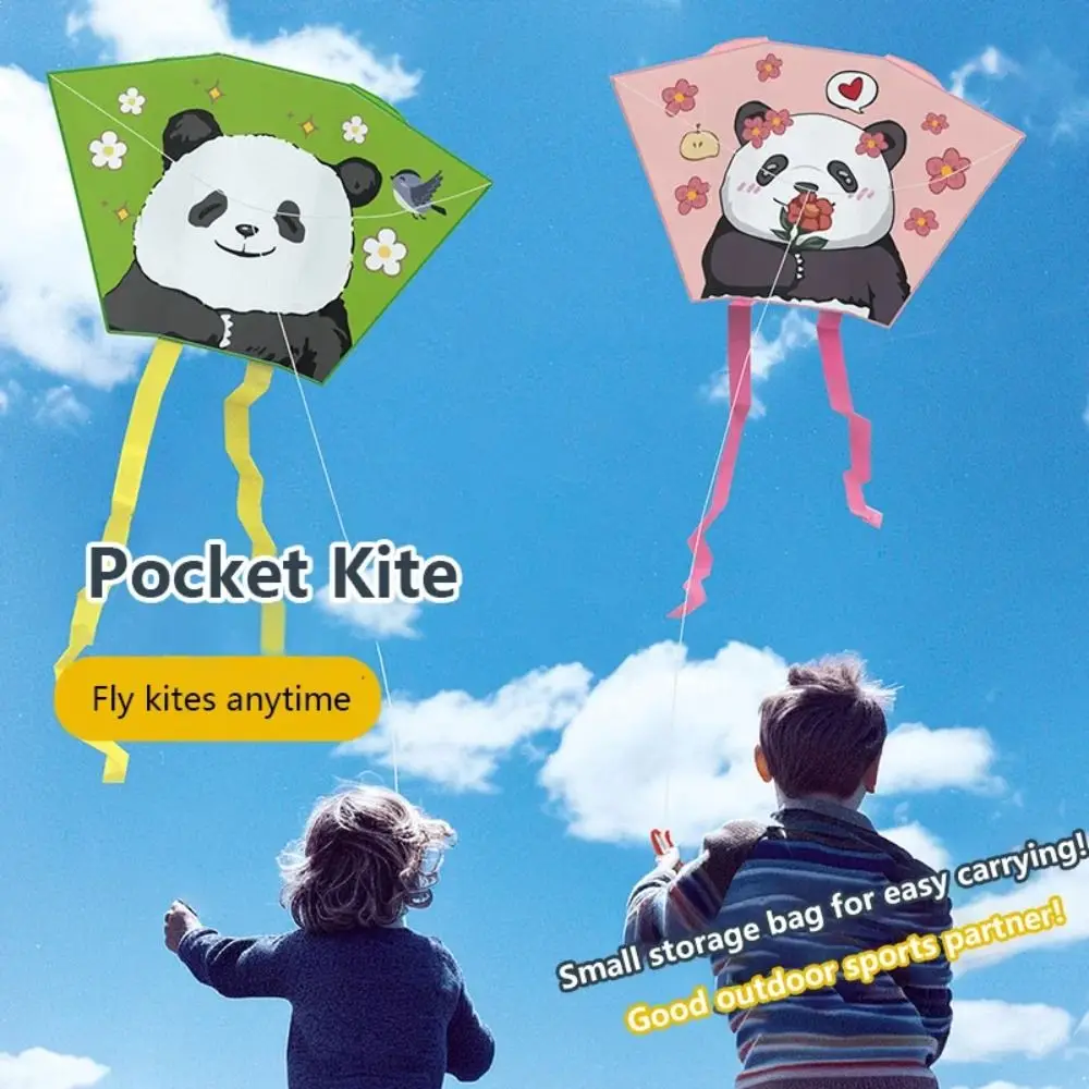 Cerf-volant de poche sans cadre pour sortie de printemps, facile à voler, cerf-volant à vent Panda de dessin animé, ligne de cerf-volant colorée de 50 mètres