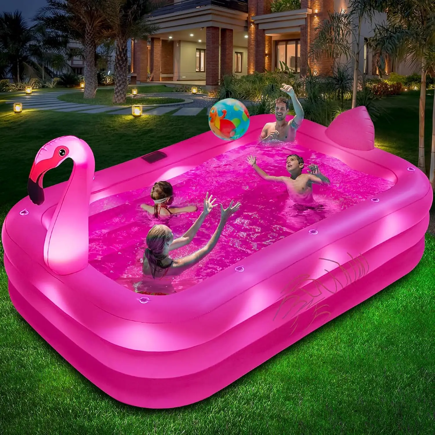 

Inflatable Pool with Solar Lights, Flamingo Design for Kids & Adults, 100x63x20 inches