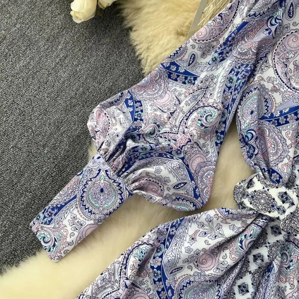 BabYoung Court Vintage Turn-Down Kraag Lantaarn Mouw Jurk Franse Stijl Print Slim Fit Shirt Gewaad Riem Elegante Casual vestidos