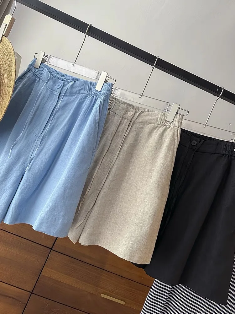 Pantaloni ort di lino di cotone di fascia alta Donna Estate Vita elastica sottile Pantaloni casual a gamba larga a gamba dritta Taglia piccola Lin versatile...