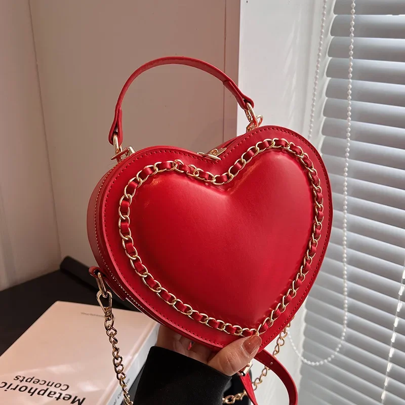 Red Bag 2023 New Fashion Heart-Shaped Hand Bag Texture Summer Versatile Chain Messenger Bag