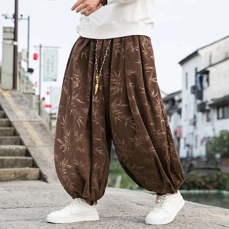 ผู้ชายกางเกงไม้ไผ่ Dark ดอกไม้ Corduroy คุณภาพสูง Bloomers Casual หลวมยืดหยุ่นเอวกางเกงขากว้างชายกลางแจ้งยี่ห้อ