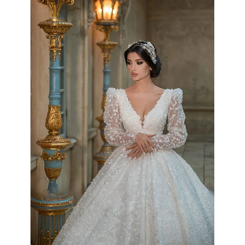 Customized2025 Gorgeous White V Neck Full Sleeves Wedding Dress Lace Applique Sequin Beaded Bridal Gown Princess Bride Dresses