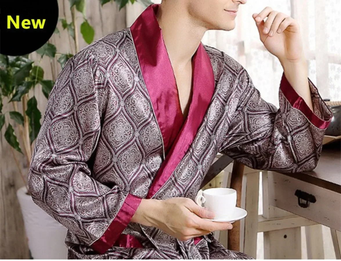 4XL 5XL Men's Luxury Pajamas Robes Silk Kimono Robe Long Sleeve Bathrobe Satin Nightgown Male Summer Home Clothing Oversize