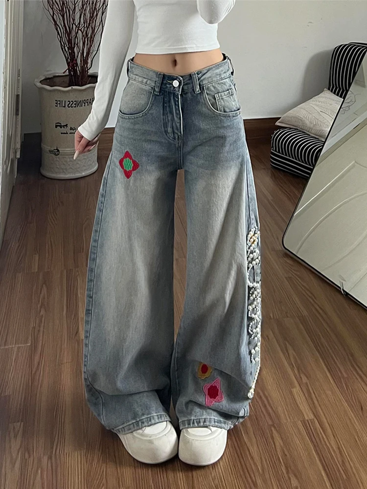 

American Retro Spicy Girl Denim Pants Fashion Personality Trend Wide Leg Straight Jeans Embroidery Floor Length Trousers