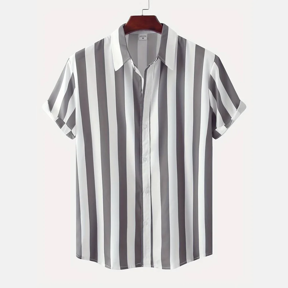 2024 Hawaii Men's Striped Short Sleeve Shirt Men's Casual Office Tops Oversized T Shirt Summer Men's Button Down Shirt 5Xl