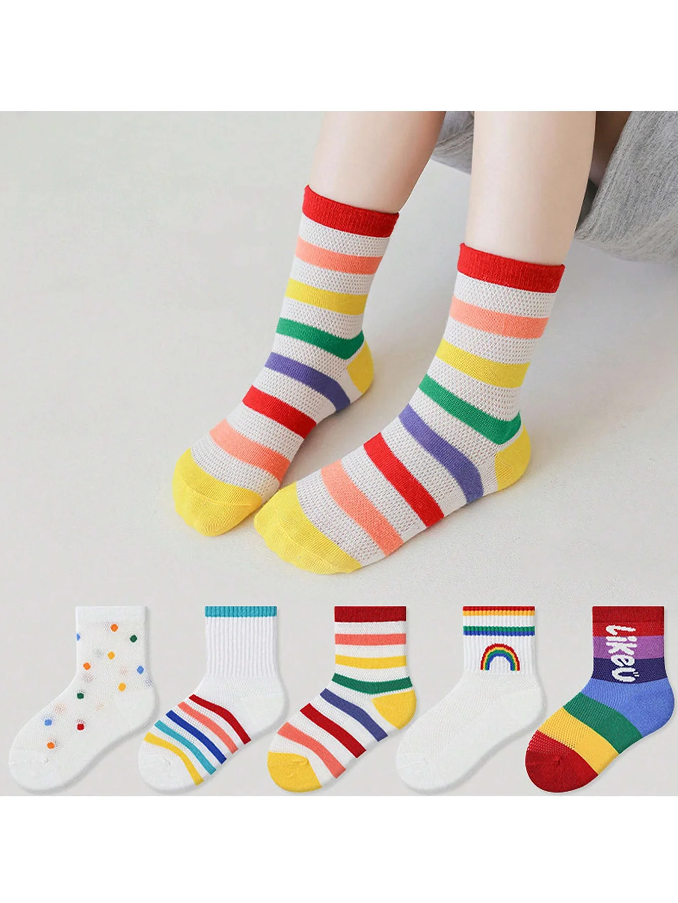 5 Pairs of Four-Season Kidsren's Socks, Cute Stripesd Cartoon Soft Rainbow Polka Dot Girls Mid-Calf Socks