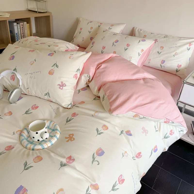 

Flower Print Flat Sheet Bedclothes for Spring Autumn Cotton Breathable Soft Duvet Cover Home Dorm Bedding Set for King Queen Bed