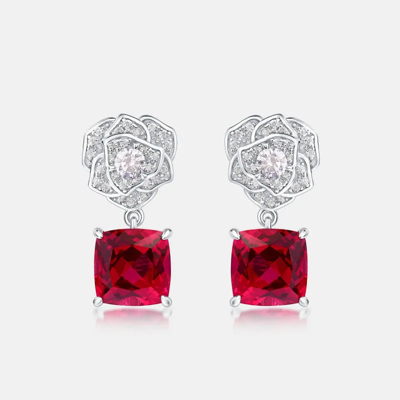 

S925 Silver Inlaid Natural Red Gemstone Drop Earrings Rose Flower Stud Design Cute Fashionable Luxury Jewelry