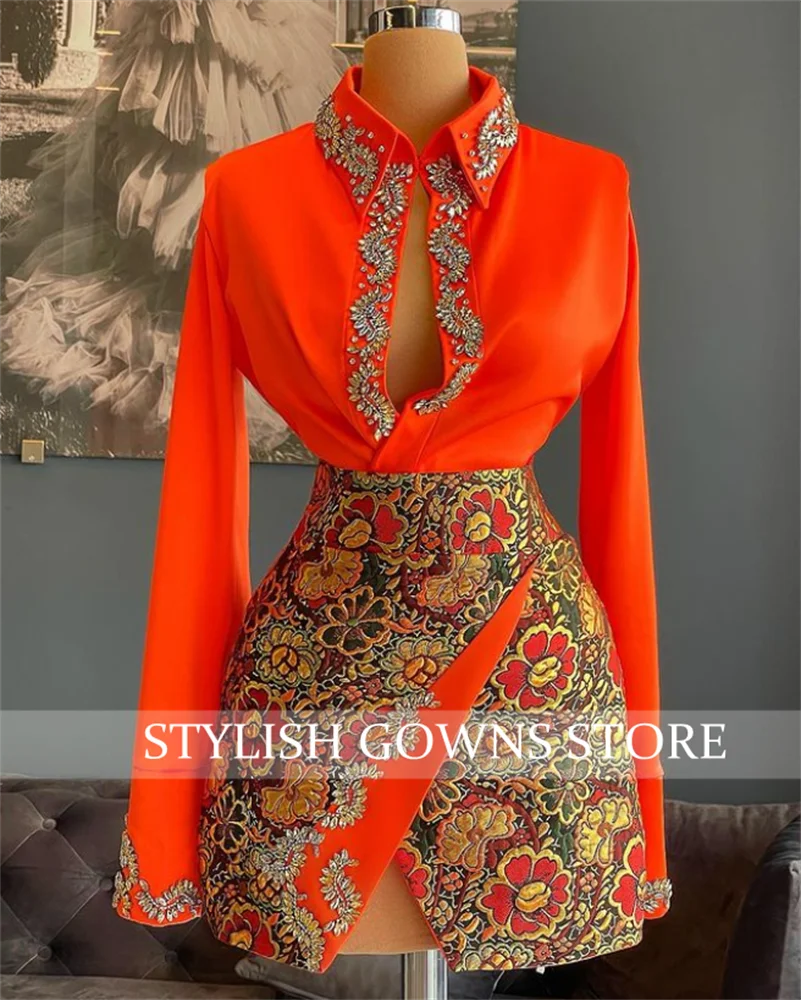 Morocco Orange Two-piece Set High Neck Short Prom Dress Beaded Crystal Shirt Long Sleeve Birthday Party Gowns Customized