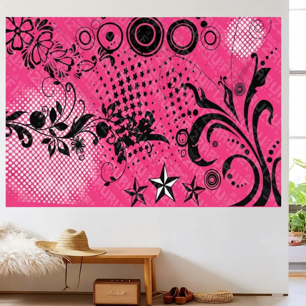 Y2K Black Pink Graffiti Wall Tapestry Star Flower Wave Dot Print Hanging Cloth Retro Millennium Aesthetic Decor for Bedroom Dorm