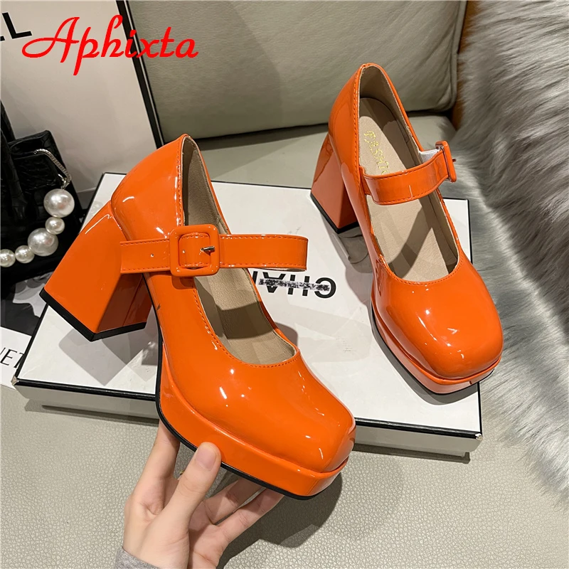 Aphixta 2023 New Platform Square Toe Pumps Women Shoes 7cm Chunky Heels Orange Anti-drop Pimp Buckle Pumps Plus Big Size 35-45