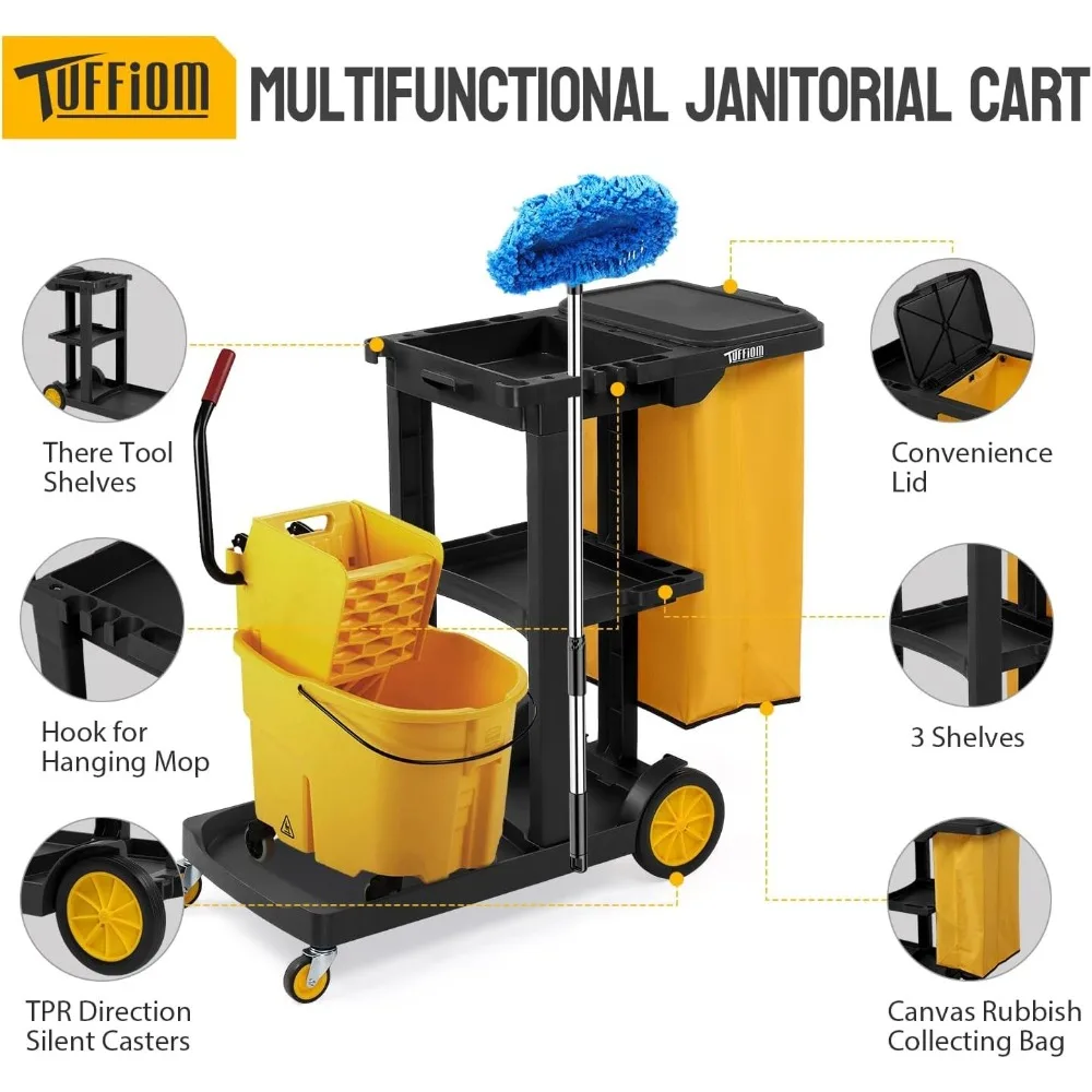 3-Shelf Janitorial Cart with Large 15-Gallon Vinyl Bag Housekeeping Cart Black