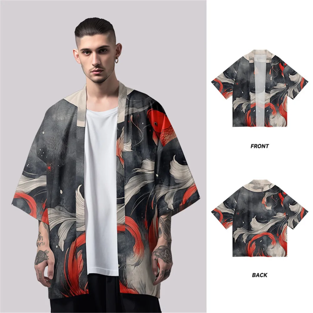 

Fish Print Cardigan Harajuku Kimono Women Men Japanese Street Samurai Cosplay Yukata Tops Oversize