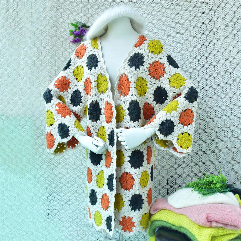 

Women Boho Granny Square Wool Cardigan Long Kimono Flare Sleeve Colorful Crochet Patchwork Oversized Loose Vintage Hollow Knit C