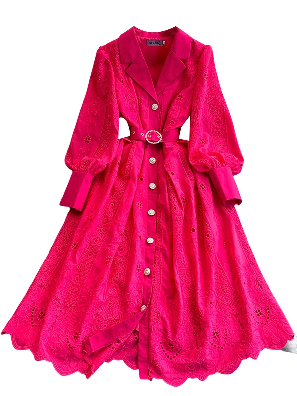 Traje retro con bordado hueco y peso pesado, cuello Dr, Otoño Invierno para mujer, cintura con un solo botón, adelgazante, hasta la rodilla...