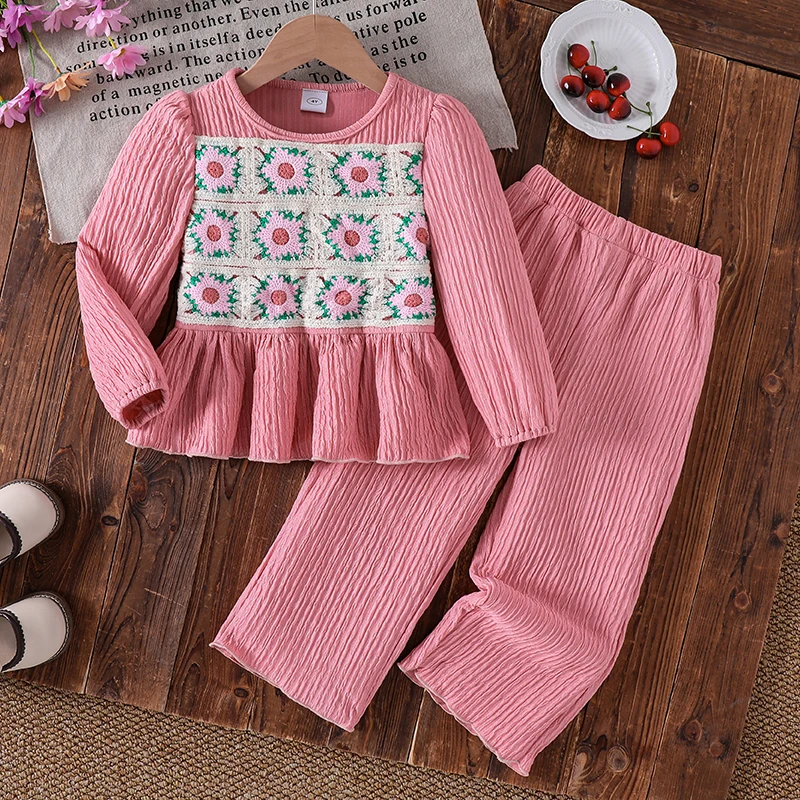 Little Girls Solid Pink Wrinkle Fabric Matching Outfit, Round Neck Ruffle Hem Top Loose Flared Trousers Casual Spring Kids Suit