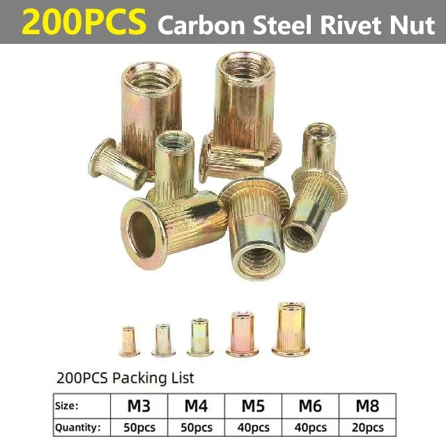 1Pc Manual Rivet Nut Gun with 200Pcs Nuts  Hand Rivet Nut Gun M3 M4 M5 M6 M8 Double Insert Manual Double Handle Riveter Tool