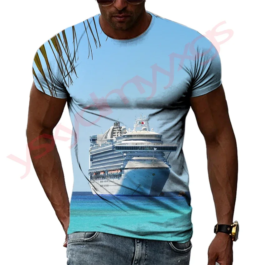 Summer Cruise Ship Pattern  Men's T-shirt Hip Hop 3D Print Personality   Neck Short Sleeve  Fashion Clothes