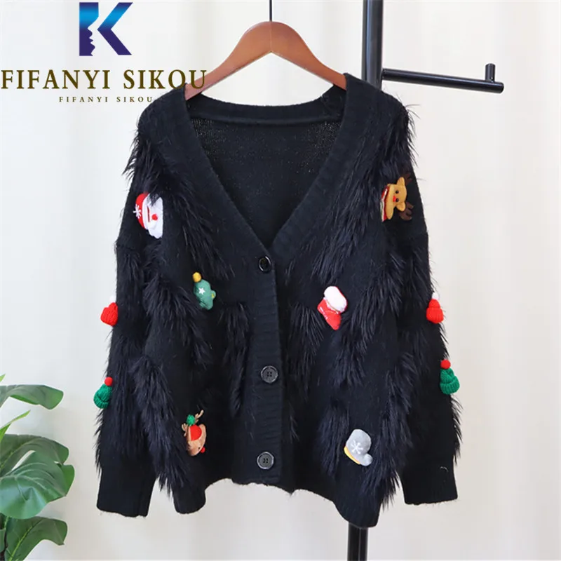 

2023 Autumn Winter Cardigan Women Christmas Sweater Jacket Spliced V-Neck Fashion Loose Cartoon Knitted Sweaters Coat Female