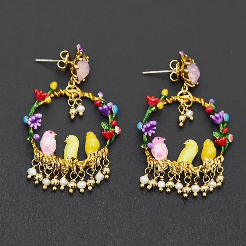 New Arrival Light Luxury French Fashion Temperament Glazed Gemstone Canary 3 Colors Bird Pearl Tassel Pendant Dangle Earrings